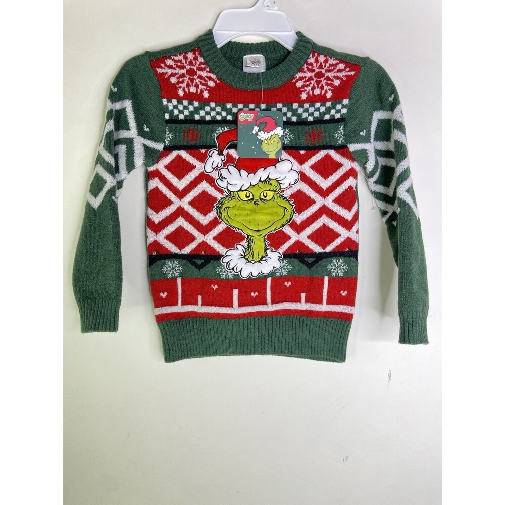 Dr. Seuss The Grinch Holiday Christmas Knit Sweater Green Boys Size 5